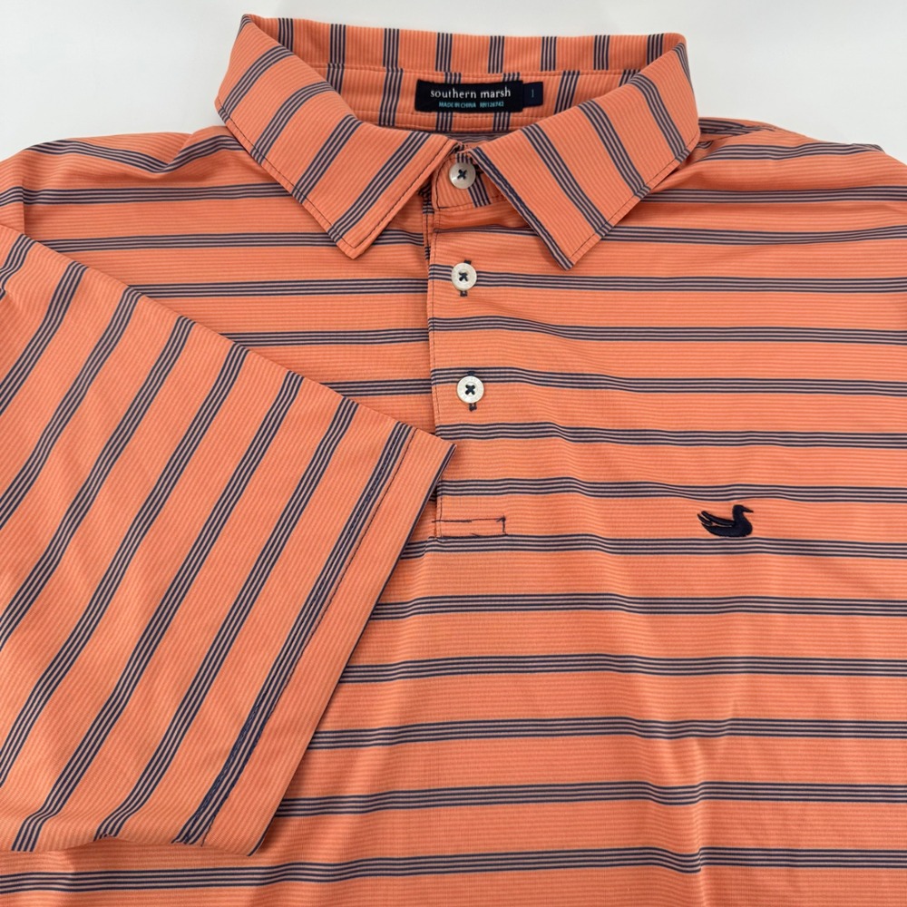 Southern Marsh Mens Large Performance Polo Shirt Orange Navy Blue Striped Logo